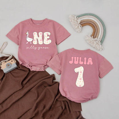 Silly Goose Birthday Romper Floral Pastel Custom Name Bubble Outfit First Birthday Girl Baby Shower Gift