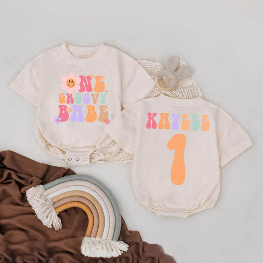 Groovy Babe First Birthday Romper Personalized Name Retro Baby Girl Outfit Flower Power 1st Birthday Gift Custom Baby Girl Clothes