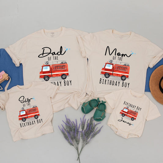 Boys Fire Truck Birthday Shirt Toddler Firefighter Party Gift Family Matching Tees