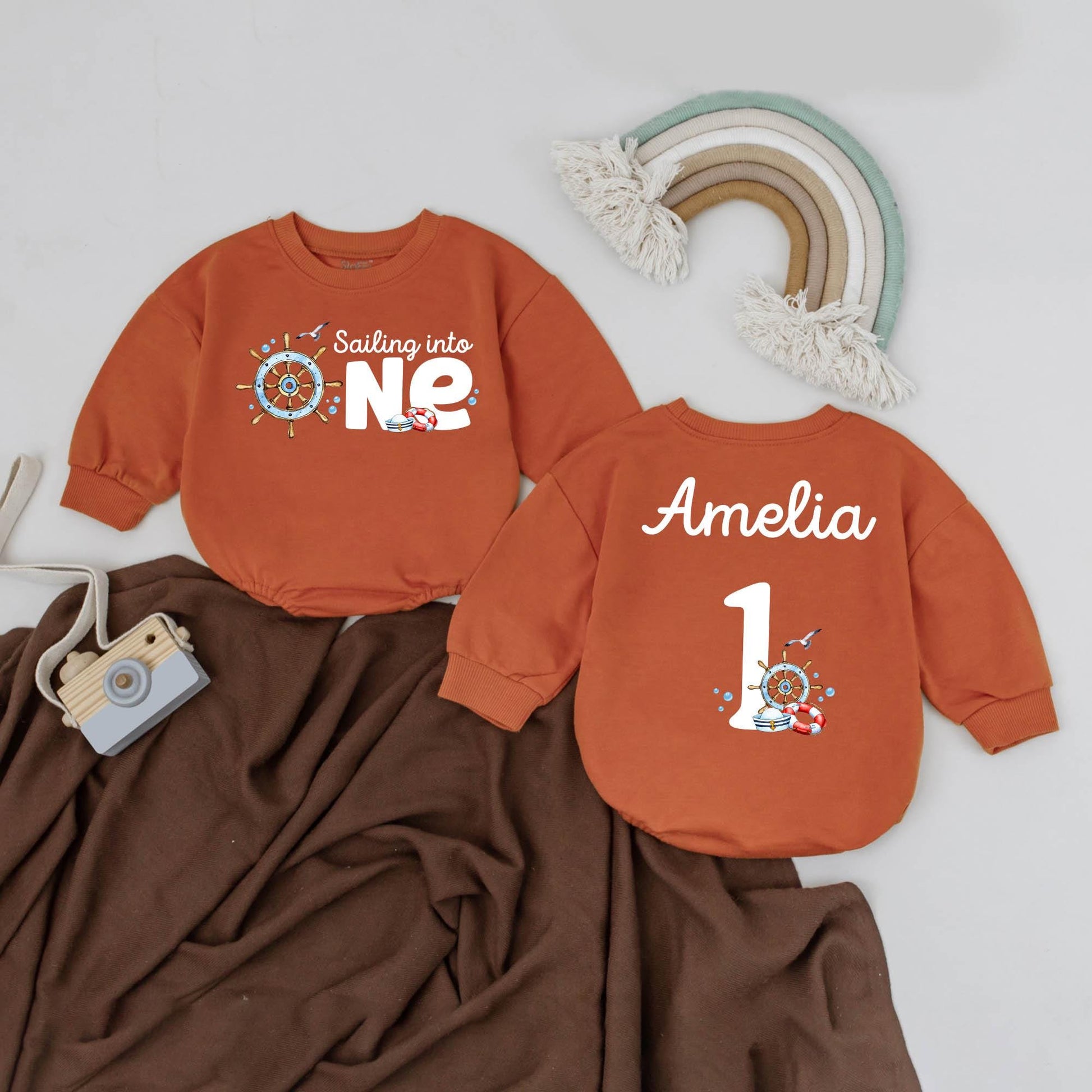 Personalized Sailing Baby Bubble Romper First Birthday Ocean Theme Outfit with Name for Beach Photoshoot Party Gift Nautical Style Summer Wear