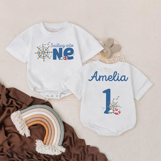 Personalized Sailing Baby Bubble Romper First Birthday Ocean Theme Outfit with Name for Beach Photoshoot Party Gift Nautical Style Summer Wear