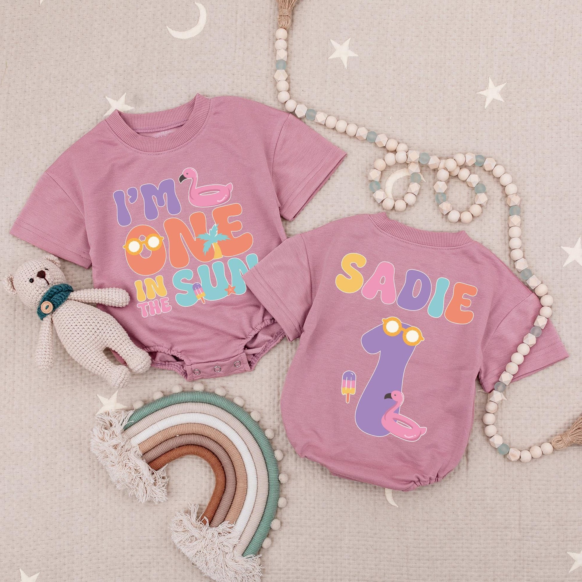 Personalized Sadie "One in the Sun" 1st Birthday Romper Girl Tropical Flamingo Pool Party Outfit Summer