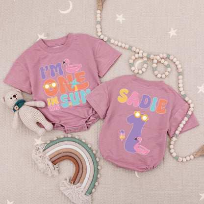 Personalized Sadie "One in the Sun" 1st Birthday Romper Girl Tropical Flamingo Pool Party Outfit Summer