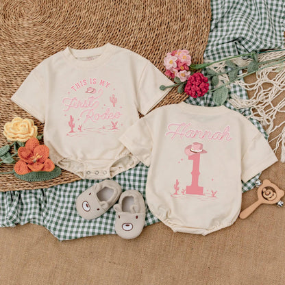 Custom Pink Cowgirl First Birthday Romper, This is My First Rodeo Bodysuit for Baby Girl, Western Birthday Party Outfit, Cute Gift