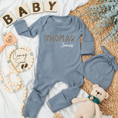 Personalized Checkered Name Baby Bodysuit Custom Thomas James Baby Shower Gift Coming Home Outfit for Boys and Girls