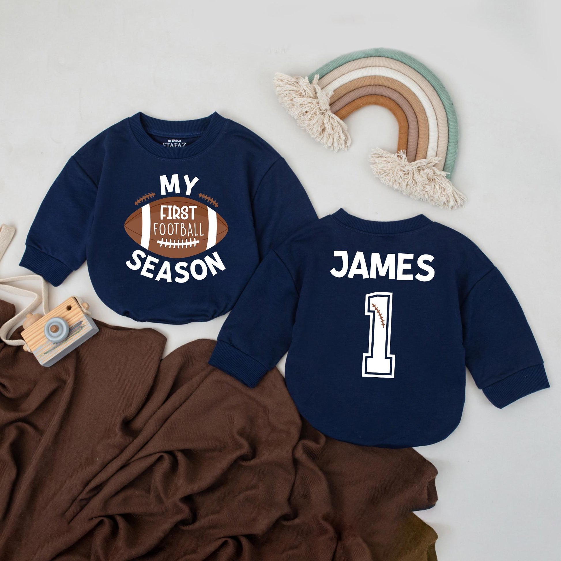My First Football Season Romper Personalized Game Day Outfit Baby Boy Girl Bodysuit for 1 Year Down Football Party Gift