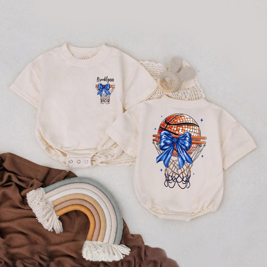 Custom Basketball Game Day Romper Blue Bow Baby Boy Football Bodysuit Personalized Name Sport Vibes Sweatshirt Outfit