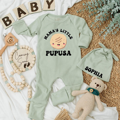 Funny Mama's Little Pupusa Baby Bodysuit, a cute Hispanic newborn outfit ideal for baby shower gifts, new mom surprises, and pregnancy announcements.