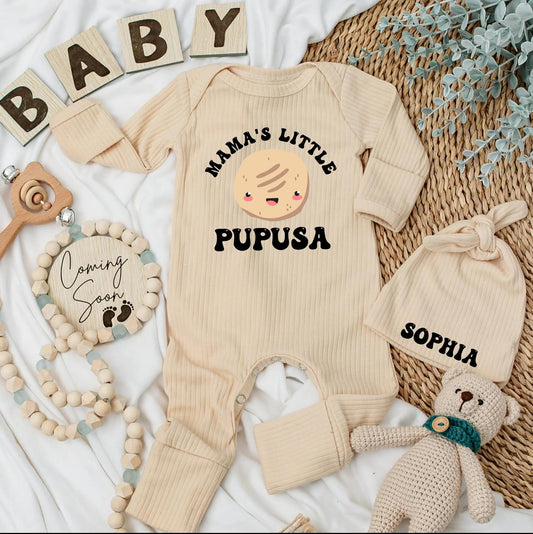 Funny Mama's Little Pupusa Baby Bodysuit, a cute Hispanic newborn outfit ideal for baby shower gifts, new mom surprises, and pregnancy announcements.