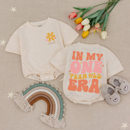 Custom Name One Year Old Era Romper, Retro First Birthday Girl Outfit, Personalized 1st Birthday Babysuit, Peach & Pink Floral Party, 138 chars