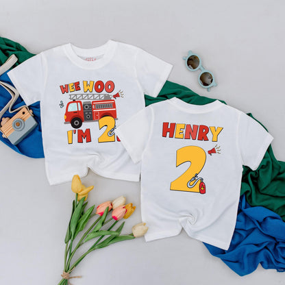 Personalized Wee Woo I'm Two Firetruck Birthday Shirt for Boys 2nd Birthday Fireman Toddler Tee Gift Idea