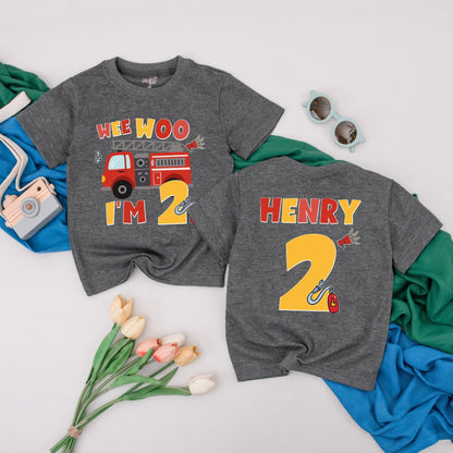 Personalized Wee Woo I'm Two Firetruck Birthday Shirt for Boys 2nd Birthday Fireman Toddler Tee Gift Idea