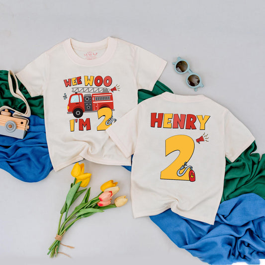 Personalized Wee Woo I'm Two Firetruck Birthday Shirt for Boys 2nd Birthday Fireman Toddler Tee Gift Idea