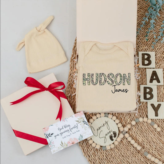 Custom HUDSON Camo Baby Bodysuit, Personalized James Name Newborn Outfit, Unique Duck Hunter Baby Clothes, Shower Gift for Boys Coming Home Outfit 139