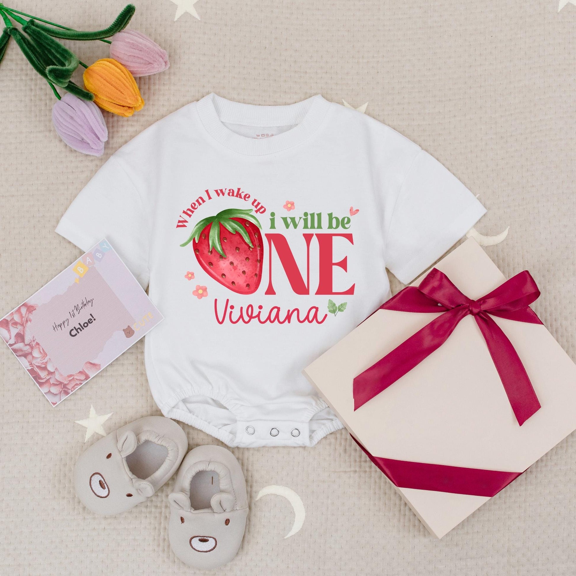 Personalized Girl's 1st Birthday Strawberry Baby Romper When I Wake Up I Will Be One Floral Design Cute Keepsake Baby Grow Outfit