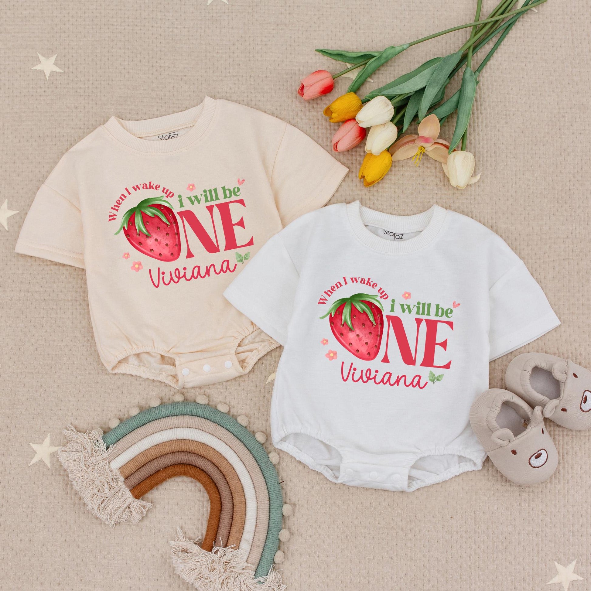 Personalized Girl's 1st Birthday Strawberry Baby Romper When I Wake Up I Will Be One Floral Design Cute Keepsake Baby Grow Outfit