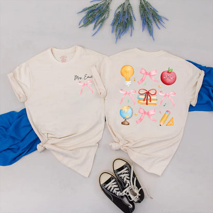 Custom Pink Bow Teacher Shirt Personalized Back to School Gift for Women Preppy Teacher Appreciation Present