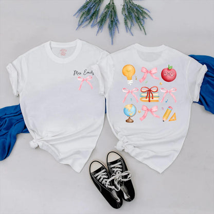 Custom Pink Bow Teacher Shirt Personalized Back to School Gift for Women Preppy Teacher Appreciation Present