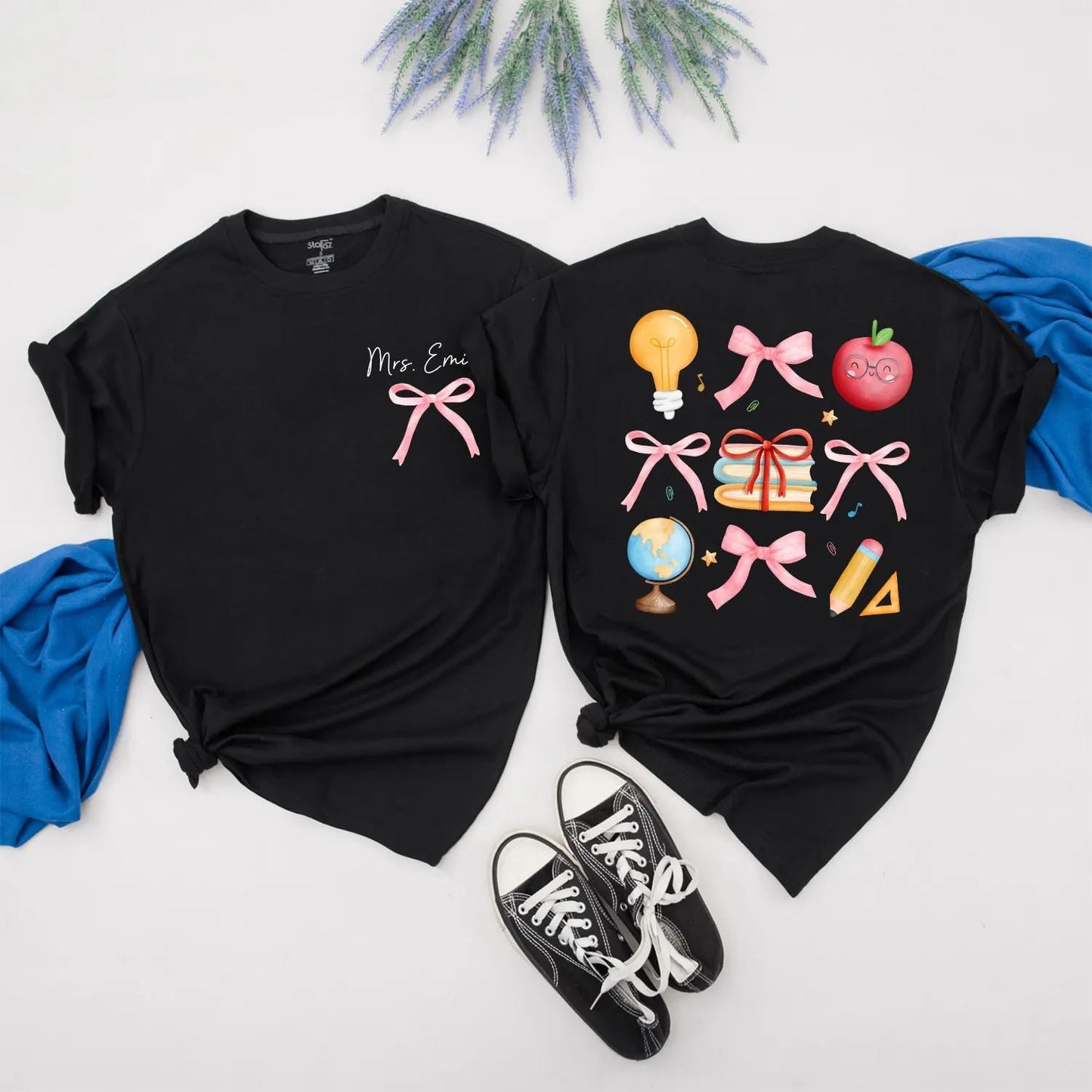 Custom Pink Bow Teacher Shirt Personalized Back to School Gift for Women Preppy Teacher Appreciation Present