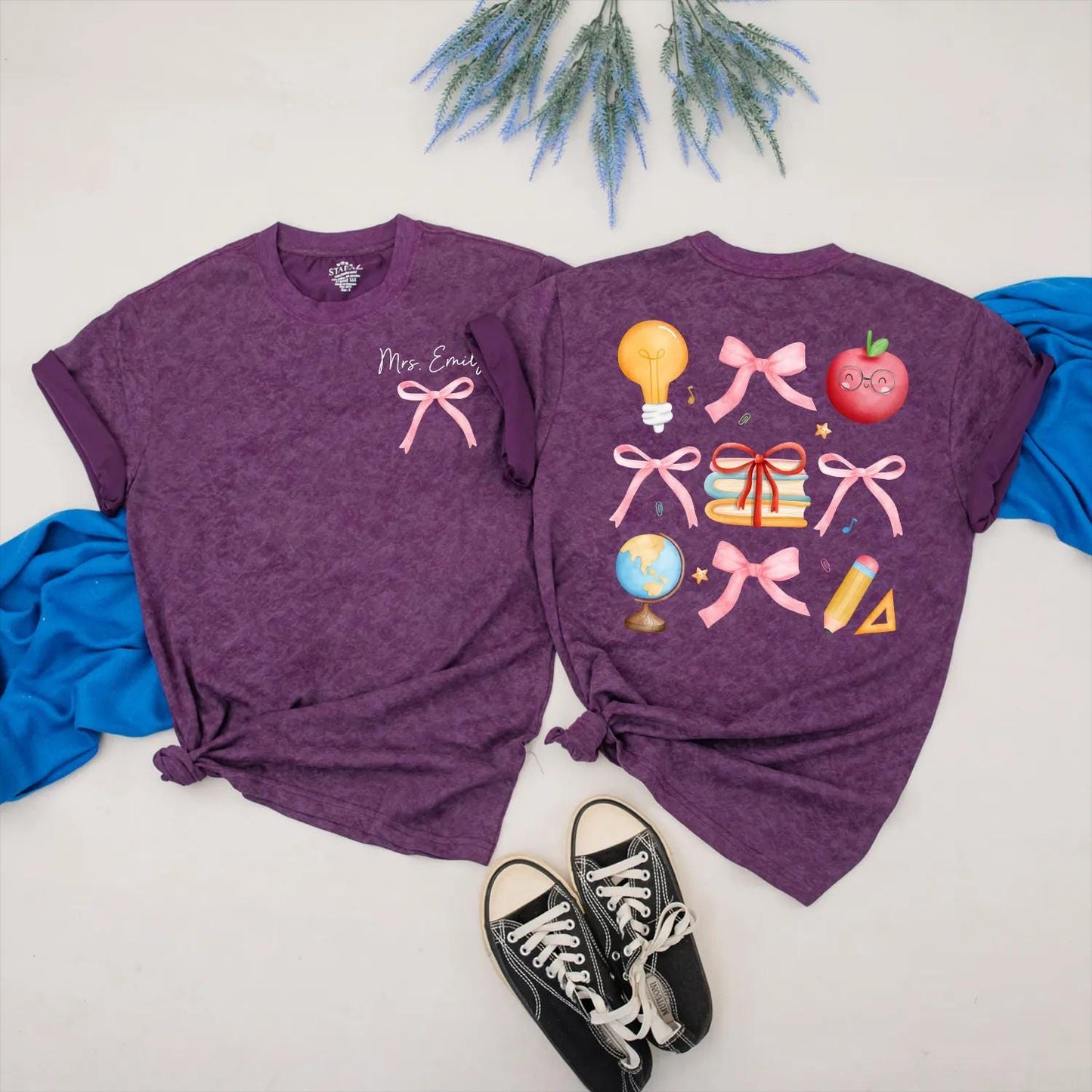 Custom Pink Bow Teacher Shirt Personalized Back to School Gift for Women Preppy Teacher Appreciation Present