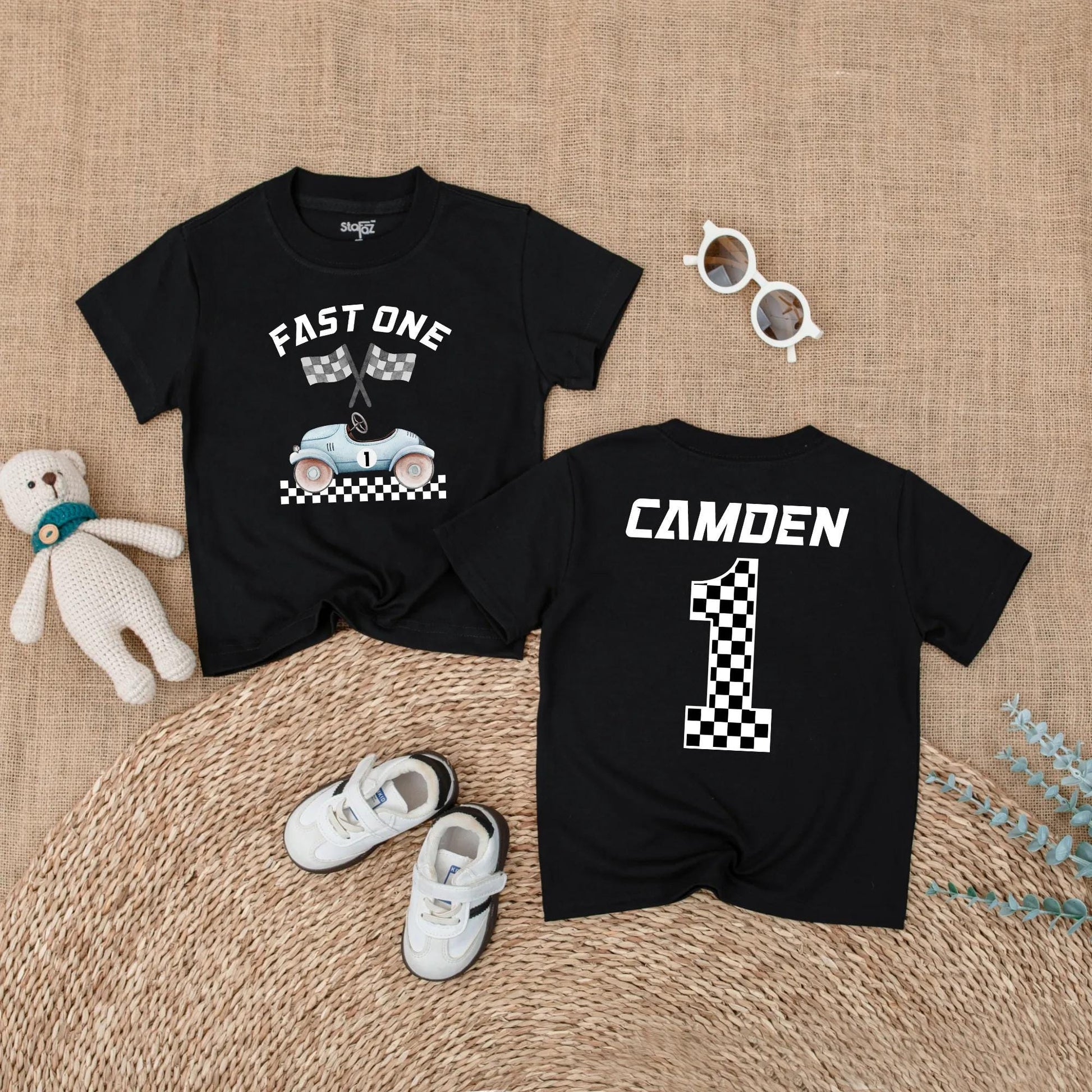 Custom Name Fast One Race Car First Birthday Baby Boy Romper Outfit Bodysuit Cake Smash Party Gift for Toddlers Boys