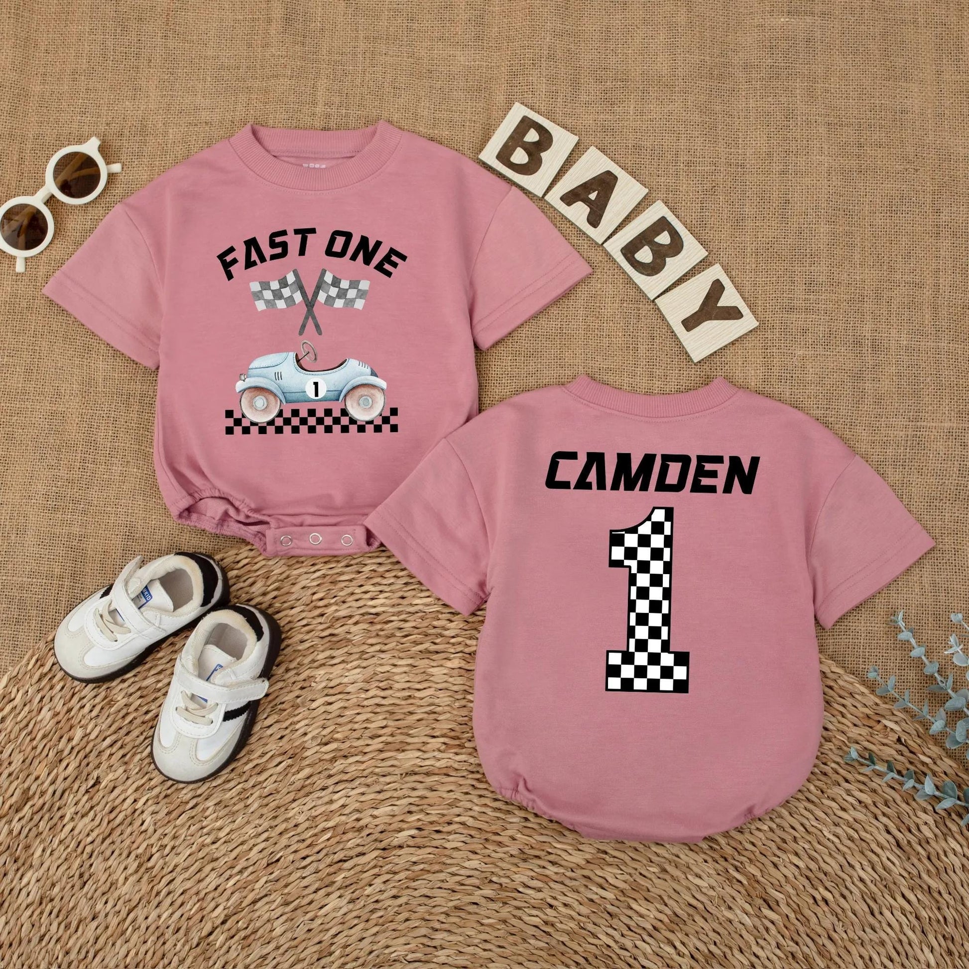 Custom Name Fast One Race Car First Birthday Baby Boy Romper Outfit Bodysuit Cake Smash Party Gift for Toddlers Boys
