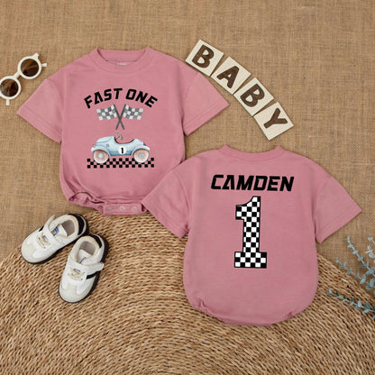 Custom Name Fast One Race Car First Birthday Baby Boy Romper Outfit Bodysuit Cake Smash Party Gift for Toddlers Boys