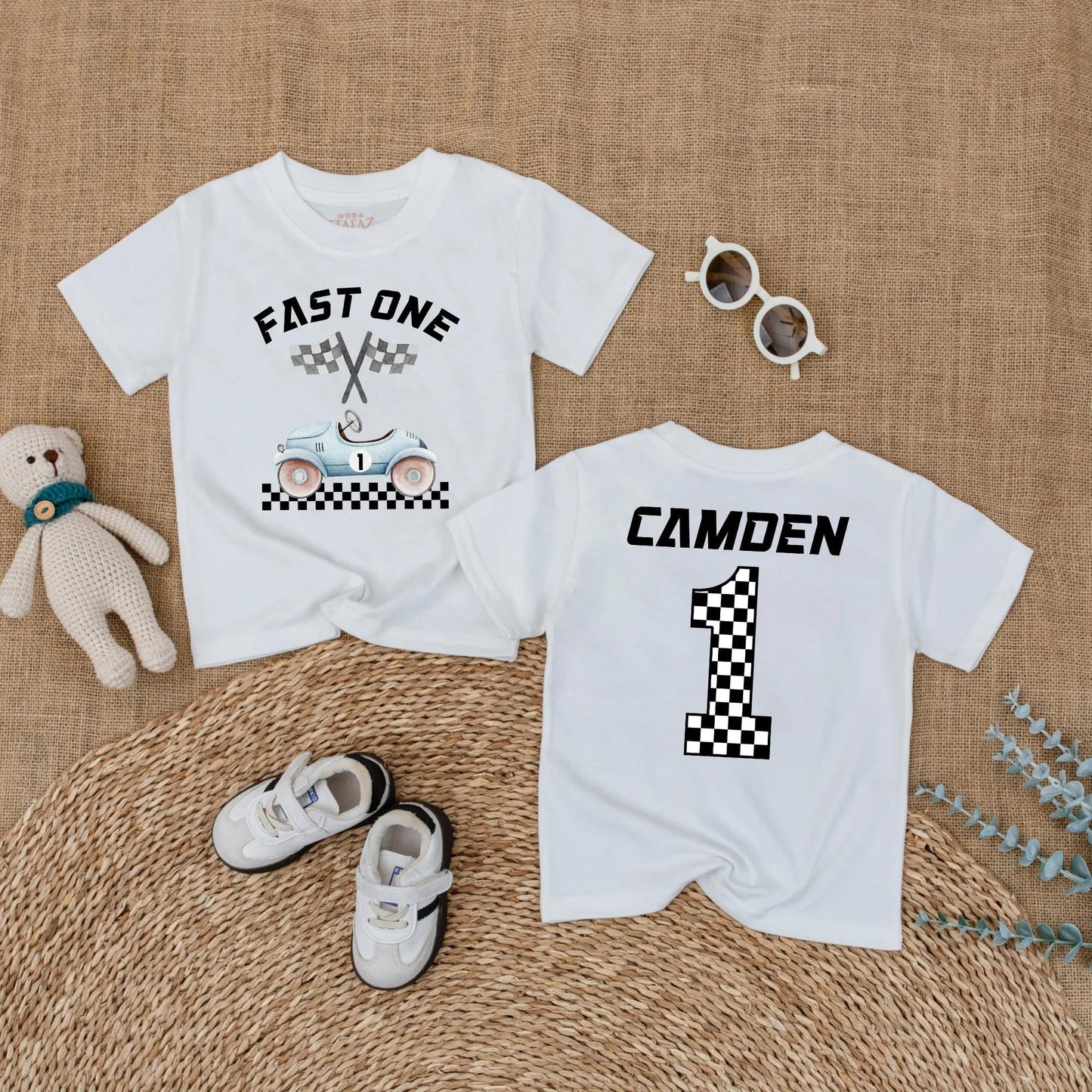 Custom Name Fast One Race Car First Birthday Baby Boy Romper Outfit Bodysuit Cake Smash Party Gift for Toddlers Boys