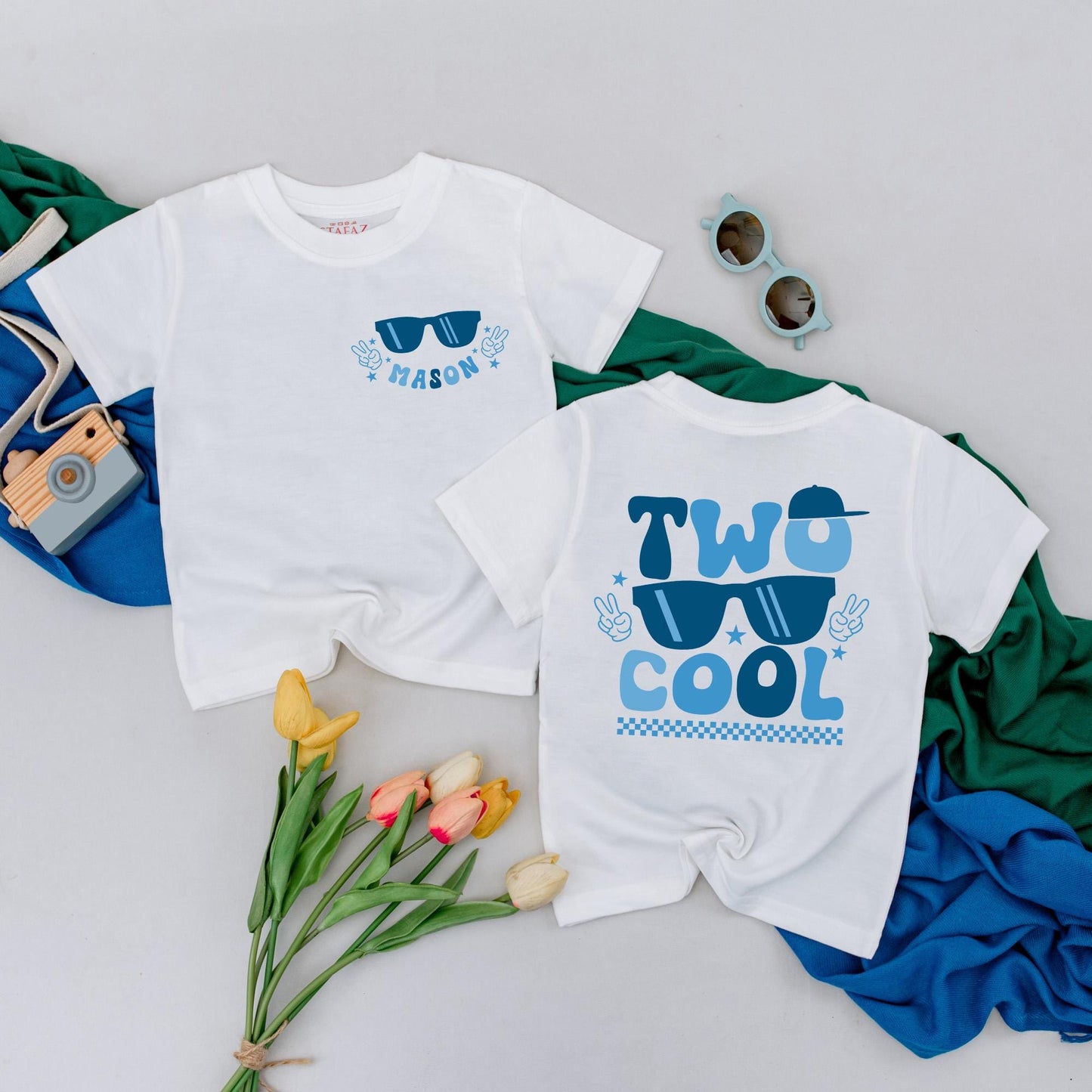 Two Cool Dude Personalized 2nd Birthday Shirt, Sunglasses Peace Signs Boy Outfit Custom Name Toddler Tee Party Gift Blue Star Design, 2 Year Old (137 chars)
