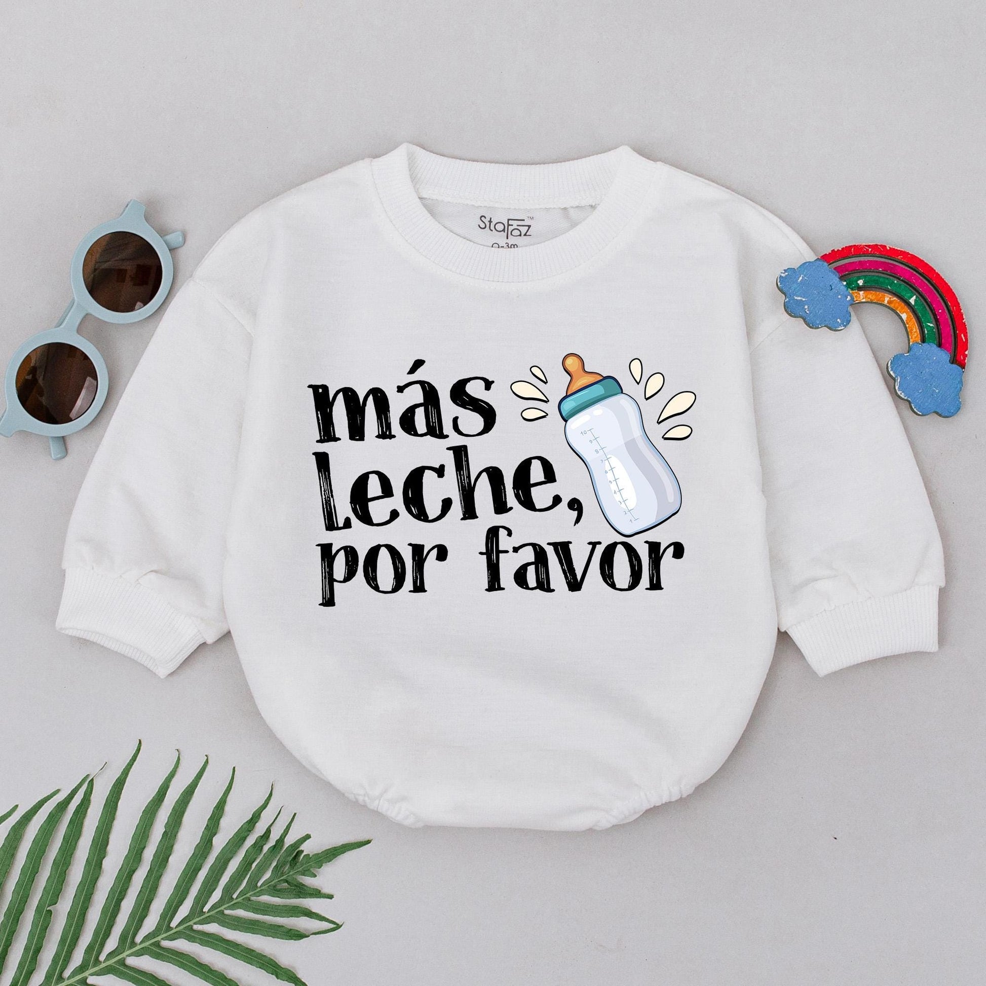 Más Leche Por Favor Baby Romper Funny Spanish Bodysuit Milk Bottle Outfit Bilingual Baby Shower Gift for Boys Girls