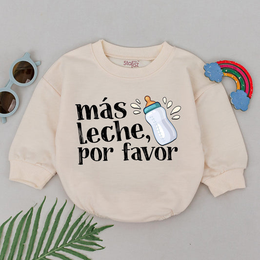 Más Leche Por Favor Baby Romper Funny Spanish Bodysuit Milk Bottle Outfit Bilingual Baby Shower Gift for Boys Girls