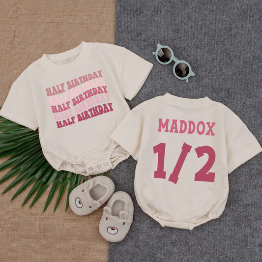 Pink Bubble Romper Half Birthday Outfit Six Months "Halfway To One" "Baby Girl" "Baby Boy" Infant Clothes Cotton Comfortable Summer Celebration Gift