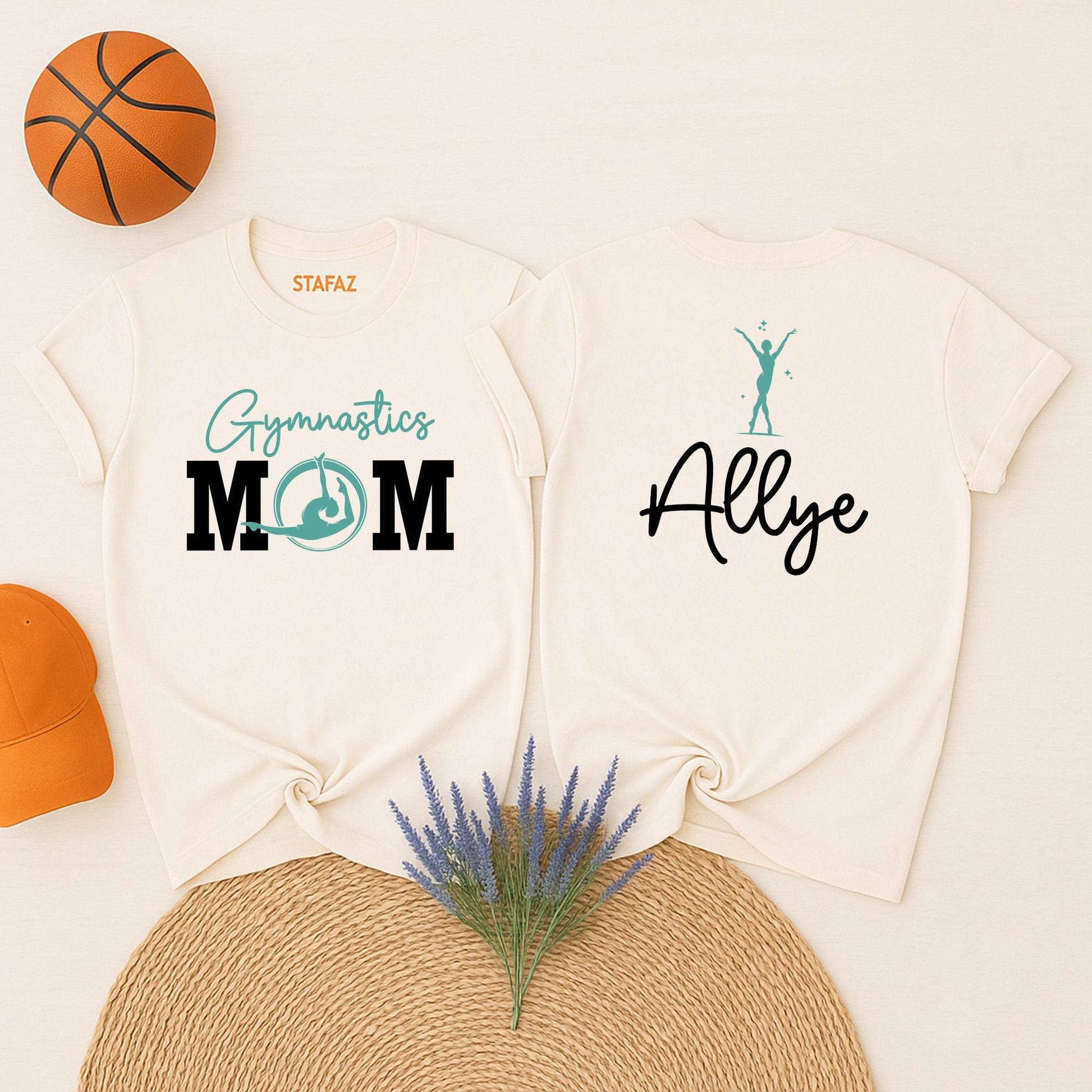 Gymnastics Mom Shirt: Custom Name Gym Mama Gift T-Shirt for Women, Heart on the Mat, Tumble & Cheer Gifts