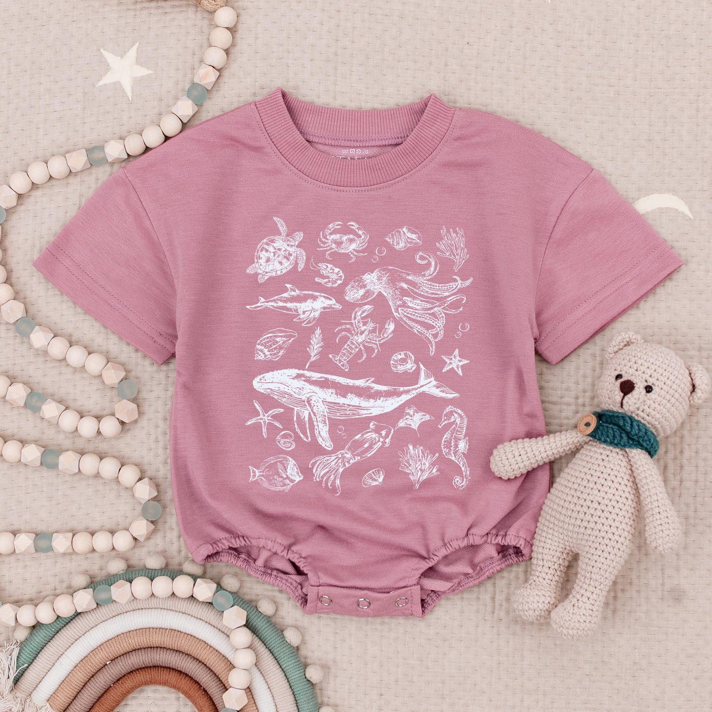 Vintage Ocean Animals Baby Romper Cute Under The Sea Marine Life Illustration Blue Whale Turtle Octopus Crab Summer Beach Vibes Bodysuit