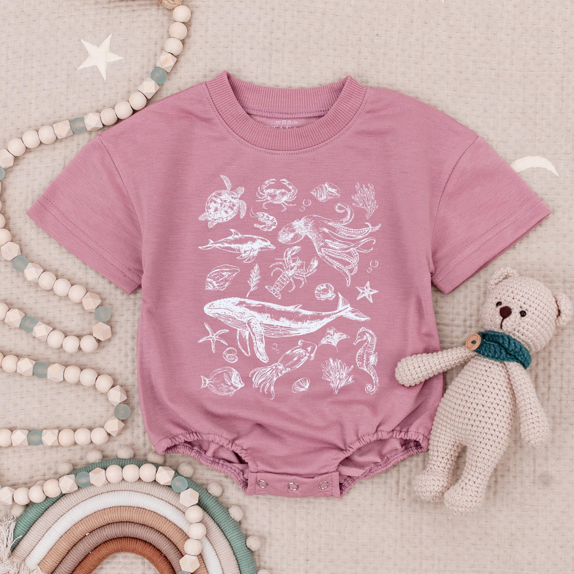 Vintage Ocean Animals Baby Romper Cute Under The Sea Marine Life Illustration Blue Whale Turtle Octopus Crab Summer Beach Vibes Bodysuit