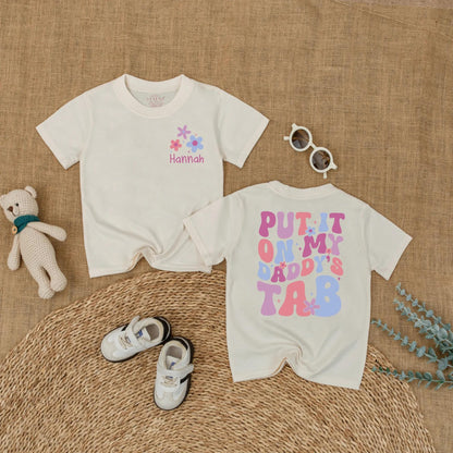 Daddy's Tab Funny Baby Romper, Put It On Daddy's Tab Bodysuit, Father's Day Gift, New Dad Outfit, Daddy's Girl Cotton Romper, Soft, Comfortable (137 chars)