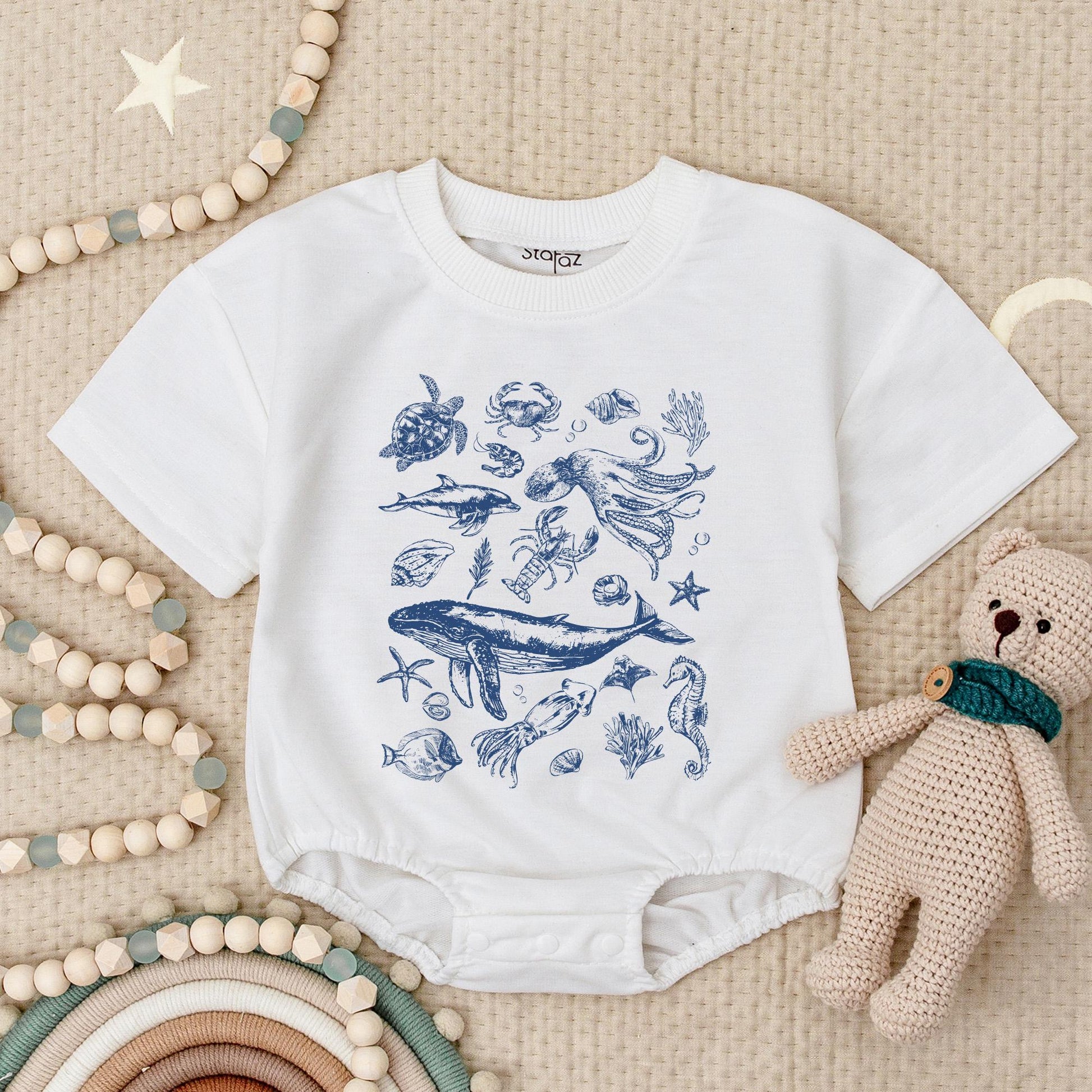 Vintage Ocean Animals Baby Romper Cute Under The Sea Marine Life Illustration Blue Whale Turtle Octopus Crab Summer Beach Vibes Bodysuit