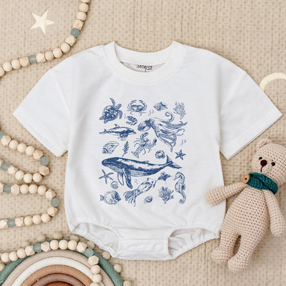 Vintage Ocean Animals Baby Romper Cute Under The Sea Marine Life Illustration Blue Whale Turtle Octopus Crab Summer Beach Vibes Bodysuit