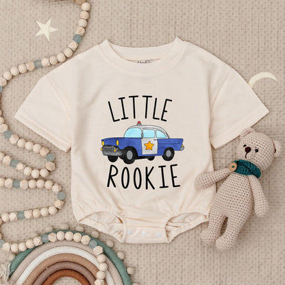 Little Rookie Police Car Baby Romper: Future Law Enforcement, Adorable Policeman Bodysuit for Baby Shower Gift, Comfortable Cotton, Blue & White, Red Siren (139 chars)