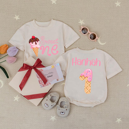 Sweet One Ice Cream Birthday Girl Romper Personalized with Name, First Birthday Outfit, Fun Sprinkles Design, Cute Photo Prop, Baby Babysuit (139 chars)
