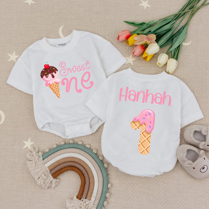 Sweet One Ice Cream Birthday Girl Romper Personalized with Name, First Birthday Outfit, Fun Sprinkles Design, Cute Photo Prop, Baby Babysuit (139 chars)