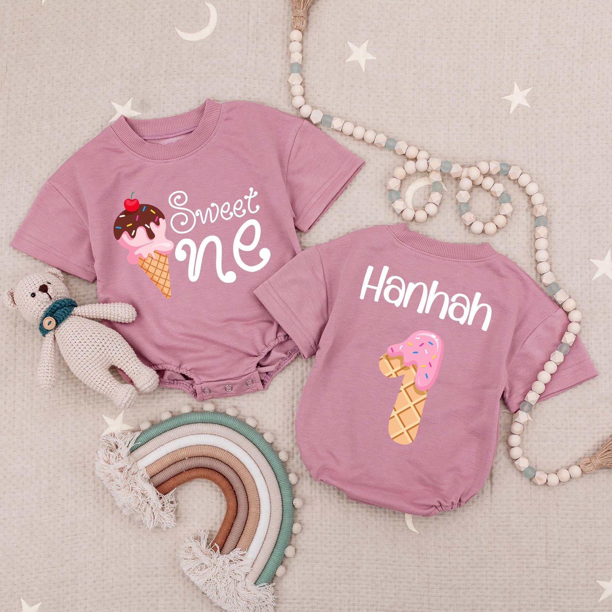 Sweet One Ice Cream Birthday Girl Romper Personalized with Name, First Birthday Outfit, Fun Sprinkles Design, Cute Photo Prop, Baby Babysuit (139 chars)