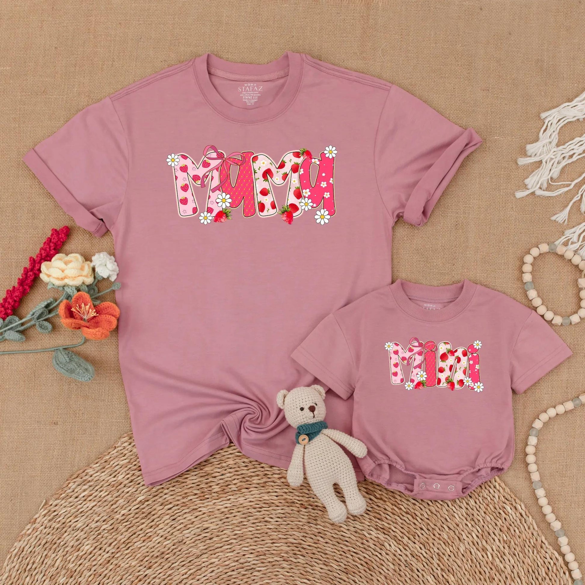 Strawberry Mama and Mini Matching Shirts Cute Floral Summer Outfits Berry First Birthday Mommy and Me Clothes