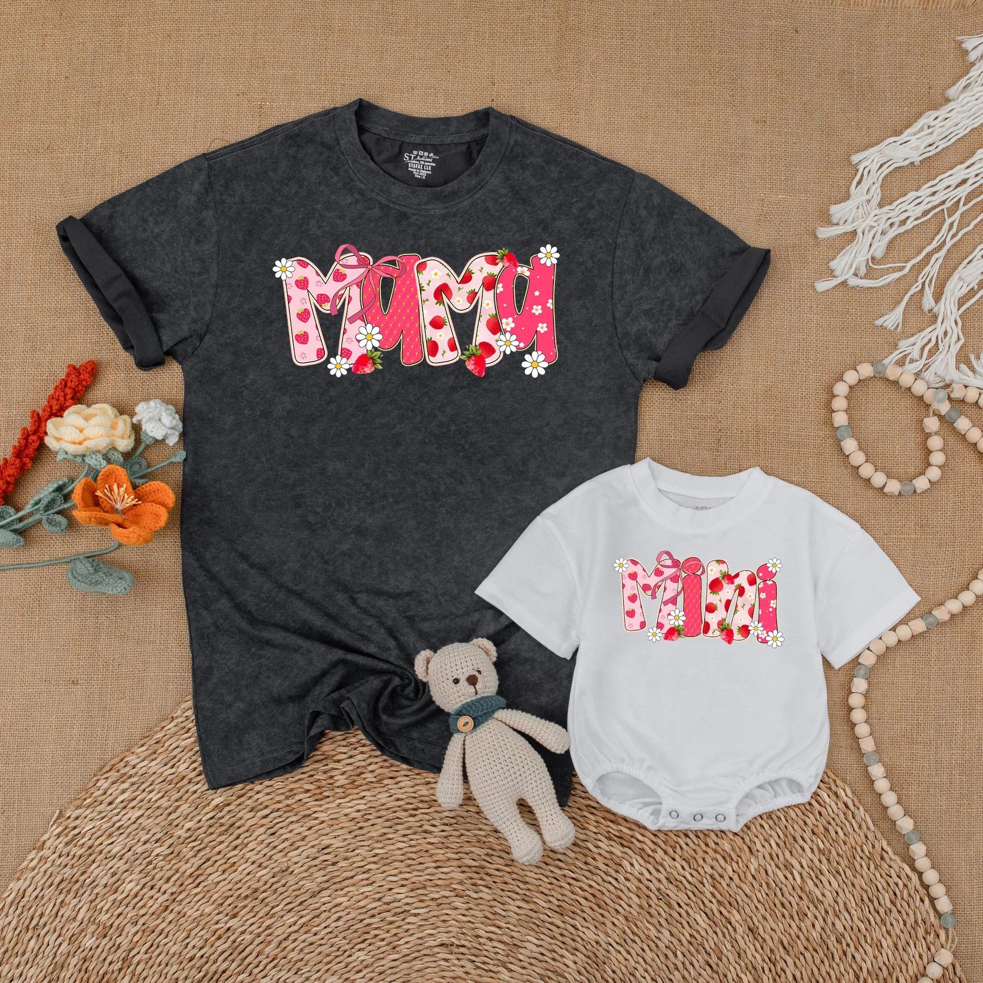 Strawberry Mama and Mini Matching Shirts Cute Floral Summer Outfits Berry First Birthday Mommy and Me Clothes