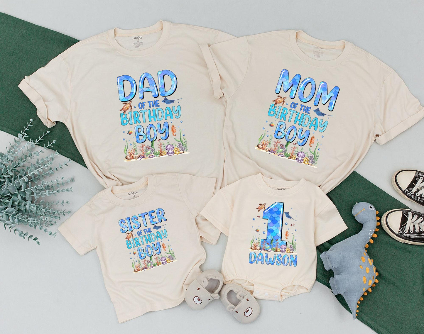 Matching Family Ocean Shirts Oneder The Sea First Birthday Baby Boy Romper Outfit Natural Cotton Aquarium Theme Celebration
