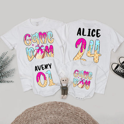 Game Day Baseball Birthday Shirt, Ice Cream Drip Design for Boy or Girl, Custom Age & Name Baseball Tee, Matching Family Option, Waffle Cone Letters 
