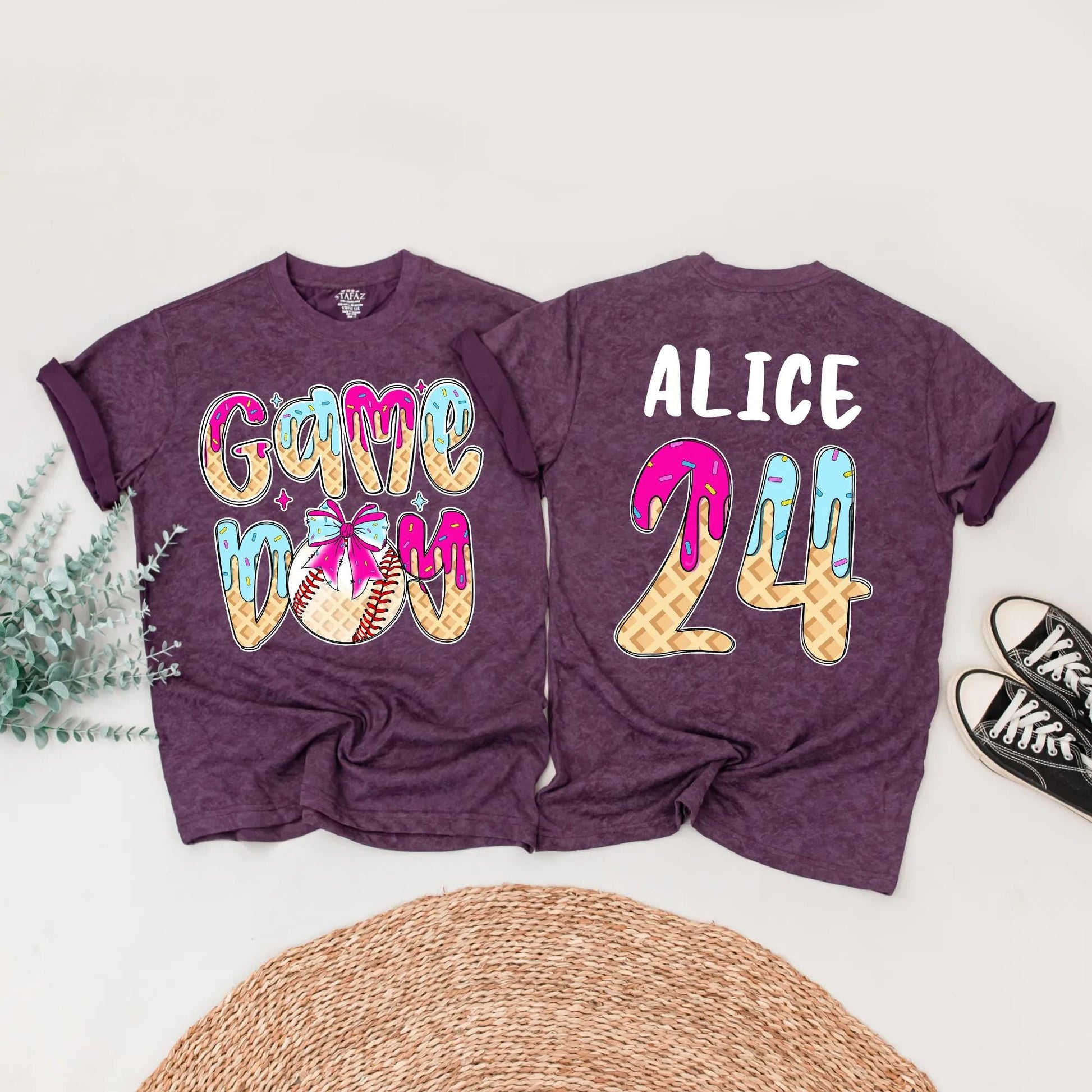 Game Day Baseball Birthday Shirt, Ice Cream Drip Design for Boy or Girl, Custom Age & Name Baseball Tee, Matching Family Option, Waffle Cone Letters 