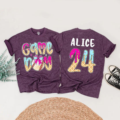 Game Day Baseball Birthday Shirt, Ice Cream Drip Design for Boy or Girl, Custom Age & Name Baseball Tee, Matching Family Option, Waffle Cone Letters 