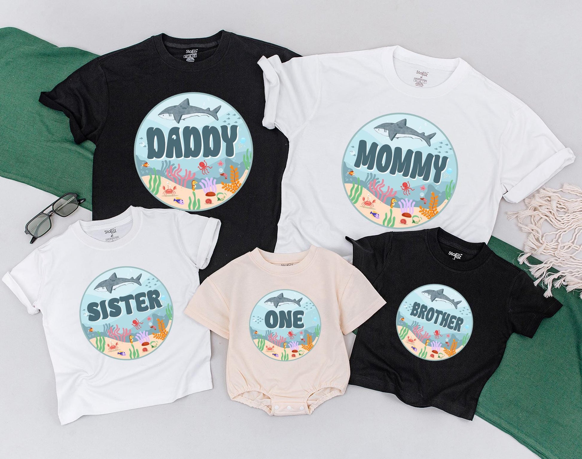 Matching Family Ocean Shark Birthday Outfit for Baby Boy First Oneder The Sea Party Romper Custom Name Natural Cotton Bodysuit