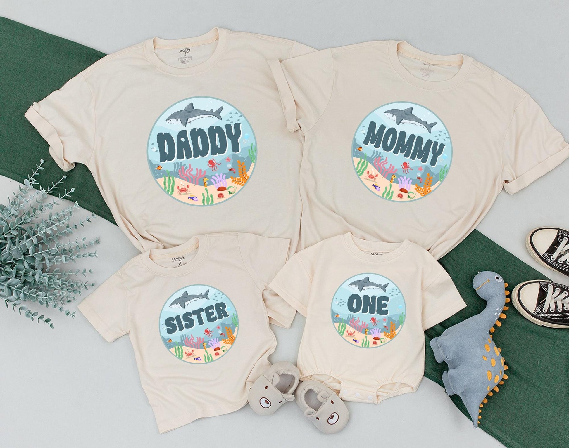 Matching Family Ocean Shark Birthday Outfit for Baby Boy First Oneder The Sea Party Romper Custom Name Natural Cotton Bodysuit